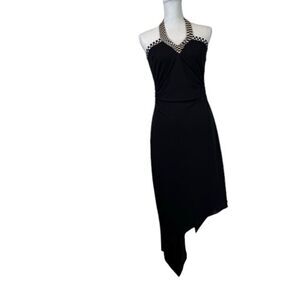 David Meister Halter Dress Black High Low Checkered Trim Lined Stretch Size 8